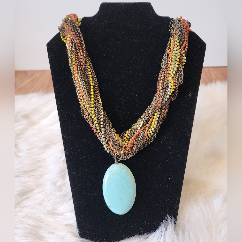 JLC Turquoise Pendant Necklace with Multicolor Beads